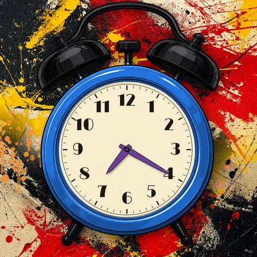 Twin-bell alarm clock in chrome electric blue, cream dial, on an abstract ink background