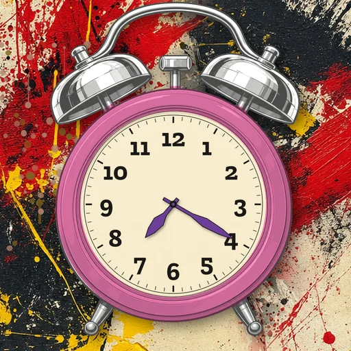 Twin-bell alarm clock in ceramic pink, cream dial, on an abstract ink background