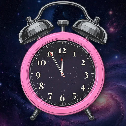 Twin-bell alarm clock in translucent jelly pink, cosmic dial, on a matching cosmic scene
