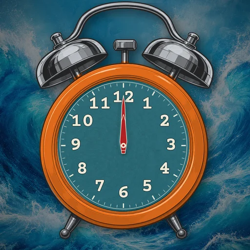 Twin-bell alarm clock in enamel orange, water dial, on a matching water scene