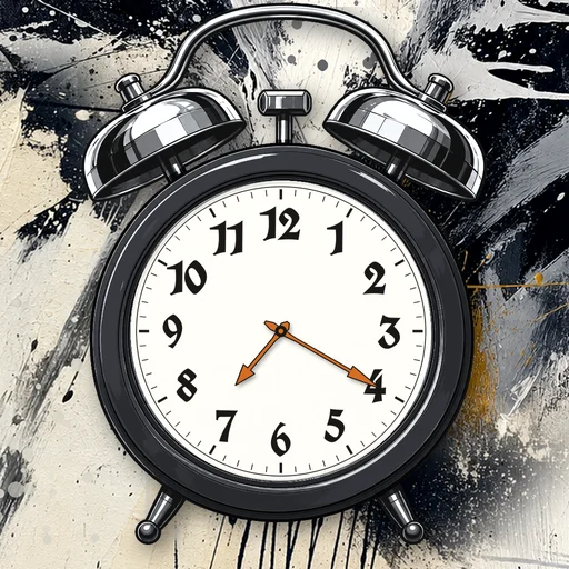 Twin-bell alarm clock in chrome charcoal, white dial, on an abstract ink background