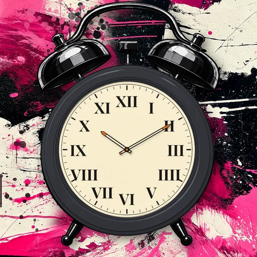 Twin-bell alarm clock in ceramic charcoal, cream dial, on an abstract ink background