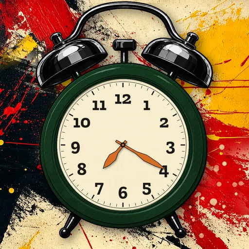 Twin-bell alarm clock in carbon fiber forest green, cream dial, on an abstract ink background