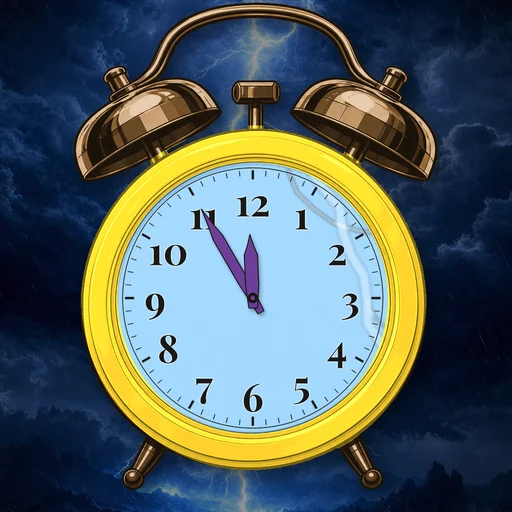 Twin-bell alarm clock in translucent jelly yellow, lightning dial, on a matching lightning scene