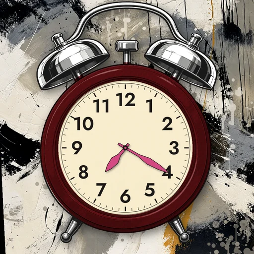 Twin-bell alarm clock in carbon fiber deep red, cream dial, on an abstract ink background