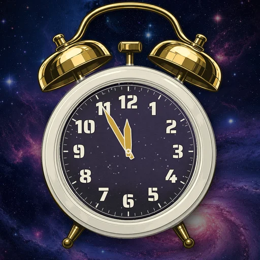 Twin-bell alarm clock in ceramic ivory, cosmic dial, on a matching cosmic scene
