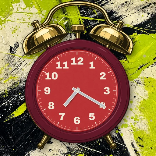 Twin-bell alarm clock in ceramic burgundy, red dial, on an abstract ink background
