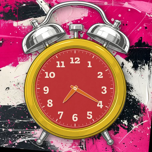 Twin-bell alarm clock in enamel yellow, red dial, on an abstract ink background