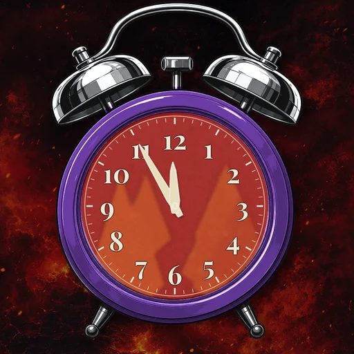 Twin-bell alarm clock in chrome purple, fire dial, on a matching fire scene