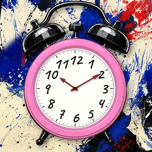Twin-bell alarm clock in translucent jelly pink, white dial, on an abstract ink background