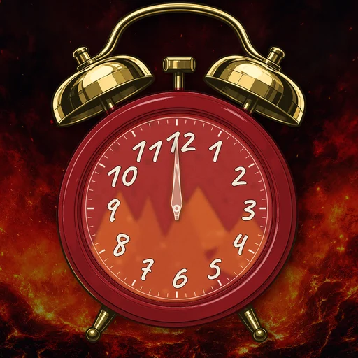 Twin-bell alarm clock in enamel deep red, fire dial, on a matching fire scene