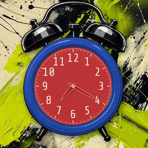 Twin-bell alarm clock in enamel cobalt blue, red dial, on an abstract ink background