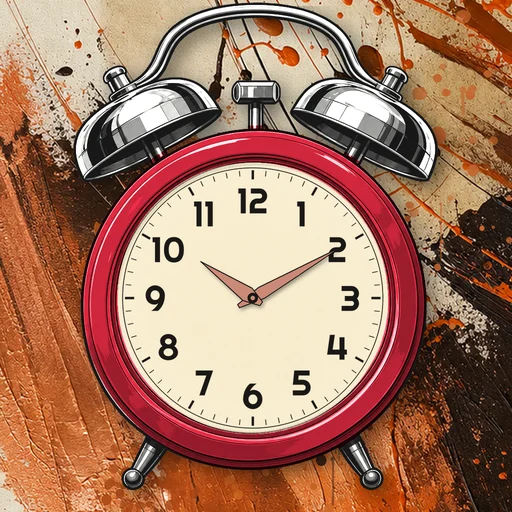 Twin-bell alarm clock in chrome cherry red, cream dial, on an abstract ink background