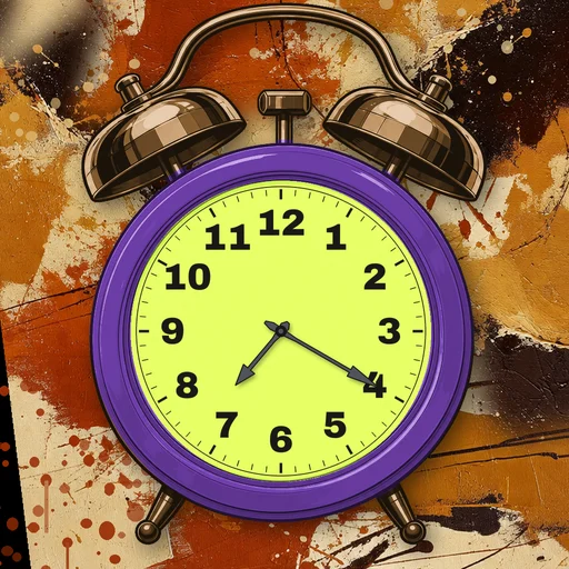 Twin-bell alarm clock in enamel purple, lime dial, on an abstract ink background