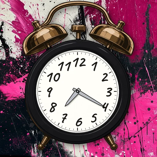 Twin-bell alarm clock in brushed metal black, white dial, on an abstract ink background
