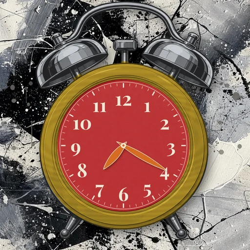 Twin-bell alarm clock in wood mustard yellow, red dial, on an abstract ink background