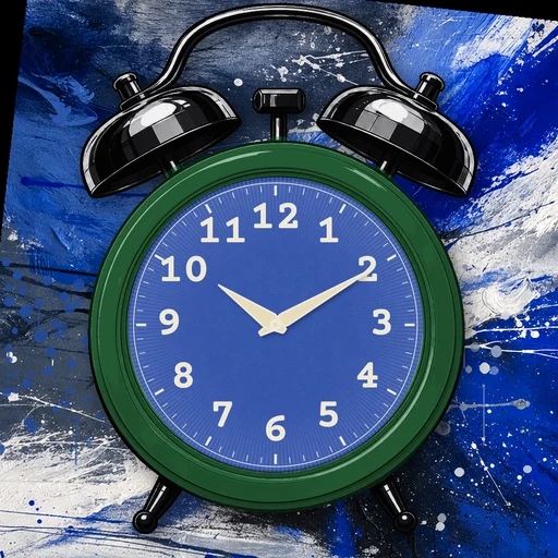 Twin-bell alarm clock in enamel forest green, blue dial, on an abstract ink background