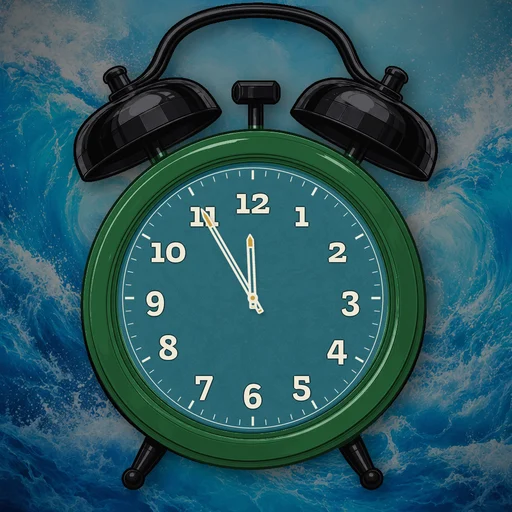Twin-bell alarm clock in enamel forest green, water dial, on a matching water scene