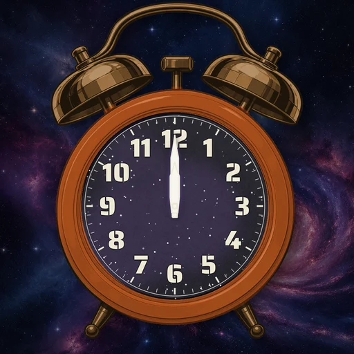 Twin-bell alarm clock in ceramic burnt orange, cosmic dial, on a matching cosmic scene