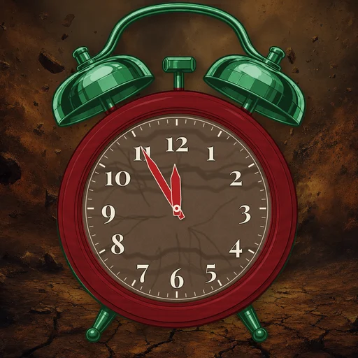 Twin-bell alarm clock in wood deep red, earth dial, on a matching earth scene