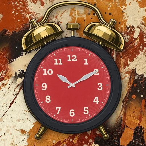 Twin-bell alarm clock in wood charcoal, red dial, on an abstract ink background
