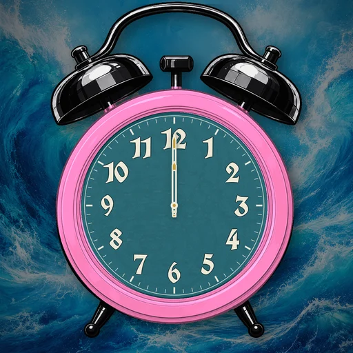 Twin-bell alarm clock in translucent jelly pink, water dial, on a matching water scene
