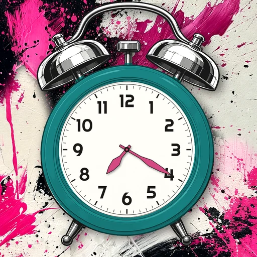 Twin-bell alarm clock in ceramic teal, white dial, on an abstract ink background
