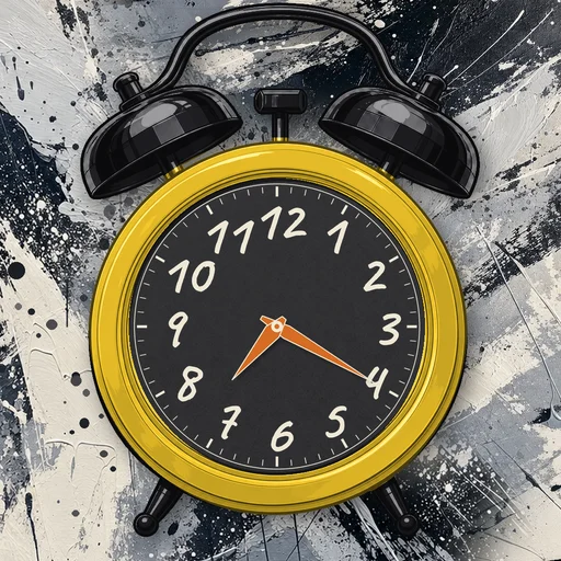 Twin-bell alarm clock in enamel yellow, black dial, on an abstract ink background
