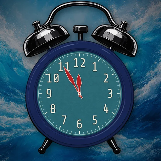 Twin-bell alarm clock in ceramic navy, water dial, on a matching water scene