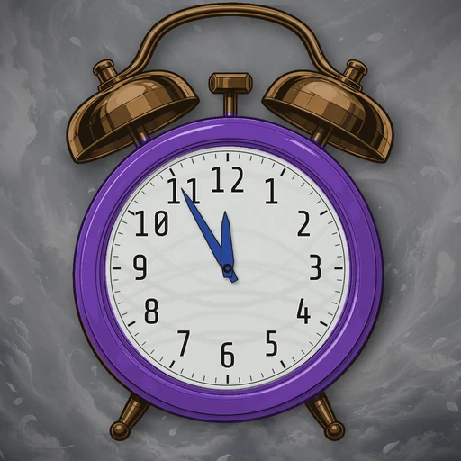 Twin-bell alarm clock in enamel purple, wind dial, on a matching wind scene