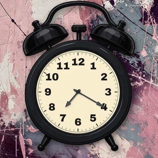 Twin-bell alarm clock in carbon fiber charcoal, cream dial, on an abstract ink background