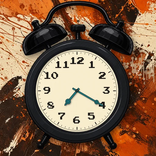 Twin-bell alarm clock in carbon fiber charcoal, cream dial, on an abstract ink background