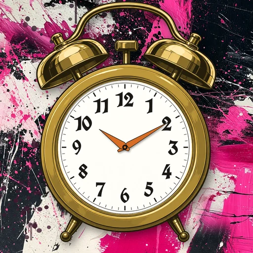 Twin-bell alarm clock in gold gold, white dial, on an abstract ink background