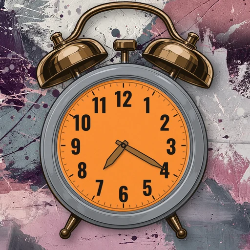 Twin-bell alarm clock in brushed metal silver, orange dial, on an abstract ink background