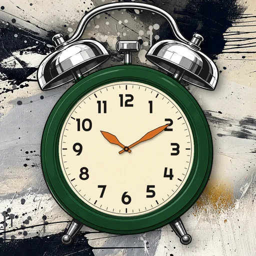 Twin-bell alarm clock in brushed metal forest green, cream dial, on an abstract ink background