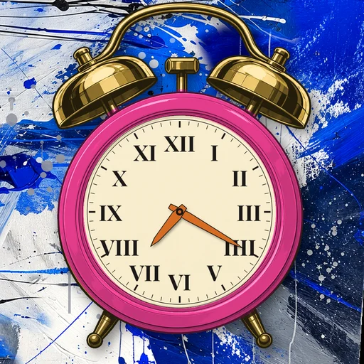 Twin-bell alarm clock in enamel hot pink, cream dial, on an abstract ink background