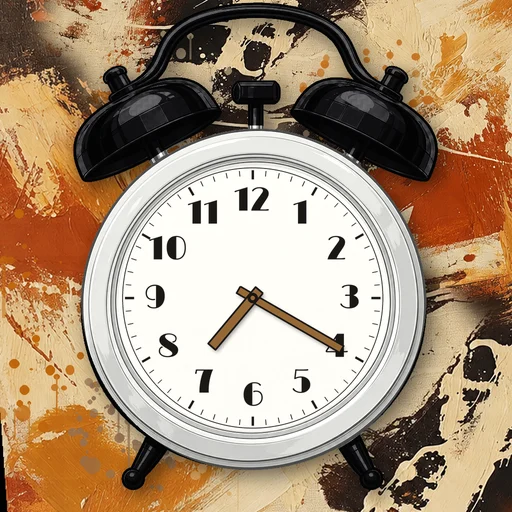 Twin-bell alarm clock in enamel white, white dial, on an abstract ink background