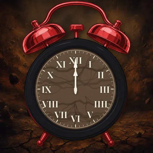 Twin-bell alarm clock in wood black, earth dial, on a matching earth scene