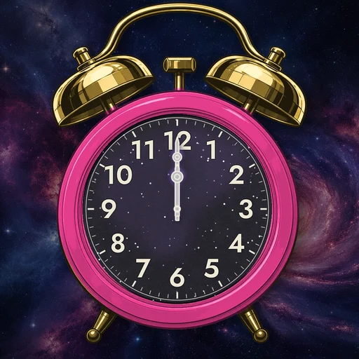 Twin-bell alarm clock in enamel hot pink, cosmic dial, on a matching cosmic scene