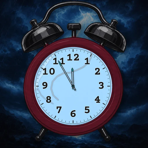 Twin-bell alarm clock in wood burgundy, lightning dial, on a matching lightning scene