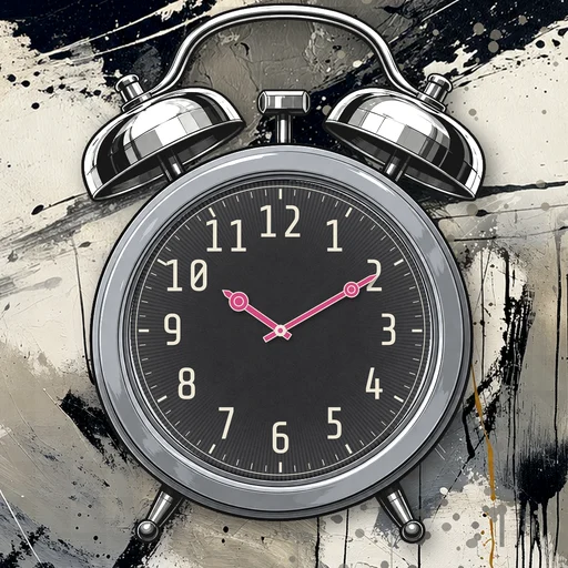 Twin-bell alarm clock in chrome silver, black dial, on an abstract ink background