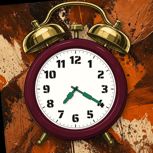 Twin-bell alarm clock in brushed metal burgundy, white dial, on an abstract ink background