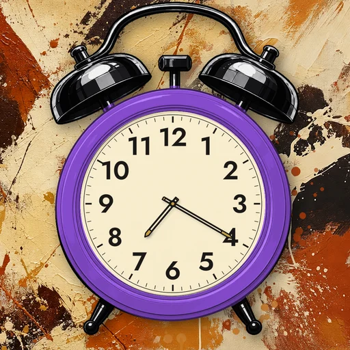 Twin-bell alarm clock in translucent jelly purple, cream dial, on an abstract ink background
