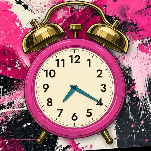 Twin-bell alarm clock in enamel hot pink, cream dial, on an abstract ink background