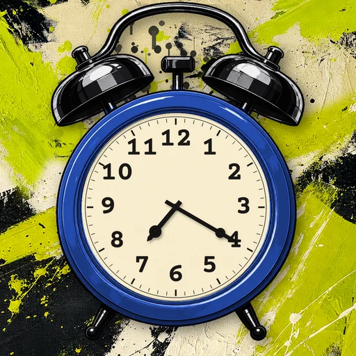 Twin-bell alarm clock in chrome cobalt blue, cream dial, on an abstract ink background