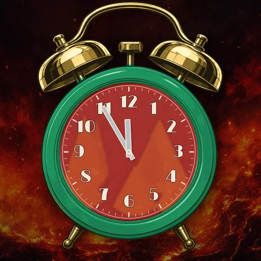 Twin-bell alarm clock in enamel emerald, fire dial, on a matching fire scene