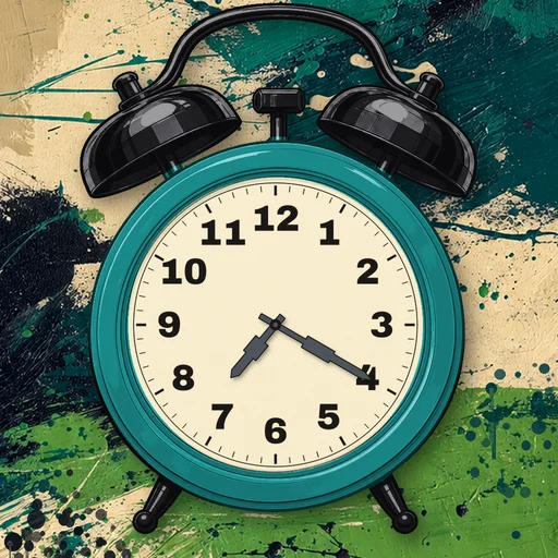 Twin-bell alarm clock in enamel teal, cream dial, on an abstract ink background