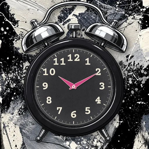 Twin-bell alarm clock in chrome black, black dial, on an abstract ink background