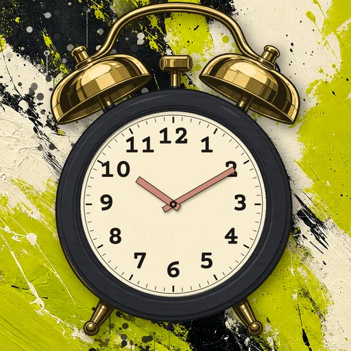 Twin-bell alarm clock in wood charcoal, cream dial, on an abstract ink background