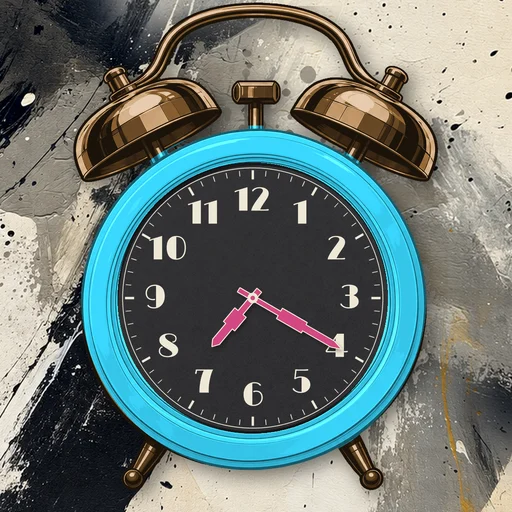 Twin-bell alarm clock in translucent jelly cyan, black dial, on an abstract ink background